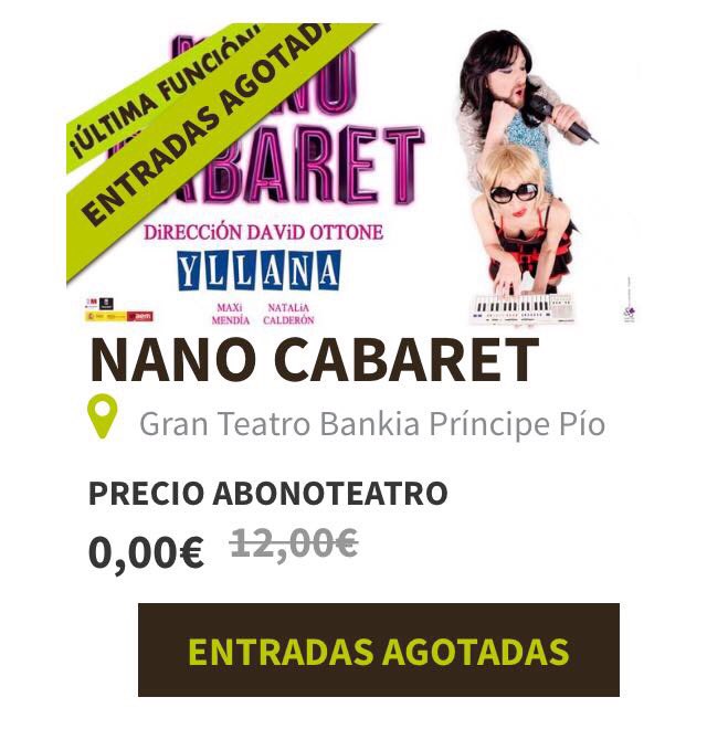 Entradas agotadas de <a href="/nanocabaret/">Nano Cabaret</a> para este sábado 25! #teatro #music #cabaret <a href="/NatCalderonJazz/">Natalia Calderón</a> <a href="/laestacionppio/">Gran Teatro CaixaBank Príncipe Pío </a>