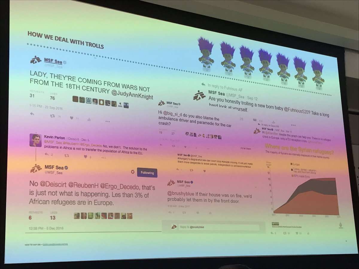 MelanieBArcher's tweet photo. 3 ways @MSF_Sea deals with trolls:
1. Correct alternative facts
2. Humanise them, establish commonality
3. Use humour
 #bondconf https://t.co/liTx1fp8Ef