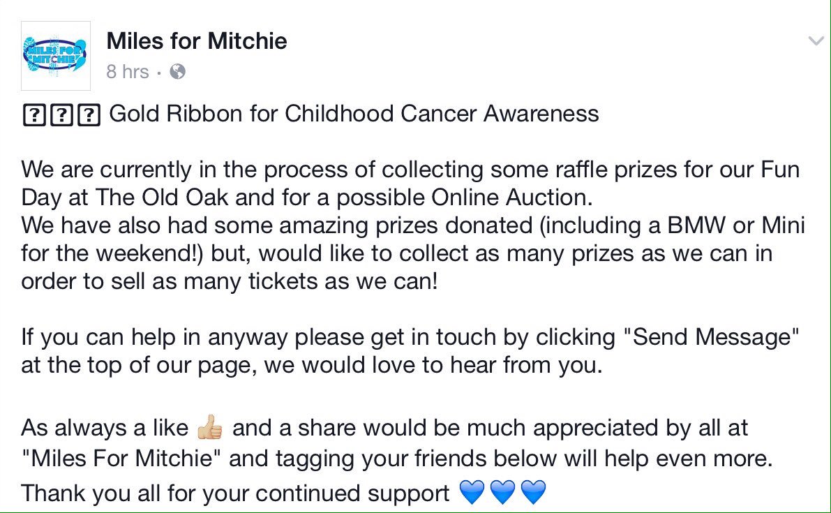 MilesforMitchie's tweet photo. We are looking for raffle prizes for our fun day to raise money for @CR_UK 
Can you help? 
 #milesformitchie #prizes #funday https://t.co/xNERa7PEvW