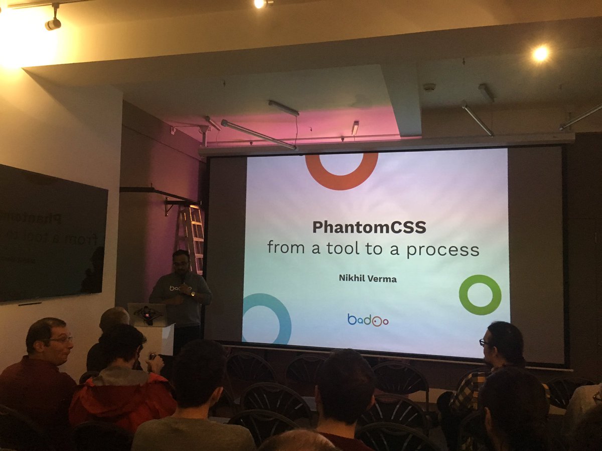 webdeldn's tweet photo. #webdeldn #5 @NikhilVerma on stage #phantomcss #vrt @BadooTech https://t.co/01Wm0zSDry