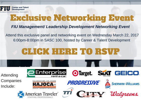 Join us tomorrow night for the first annual FIU Management and Leadership Development Networking event! fiu-csm.symplicity.com/events/registe…?