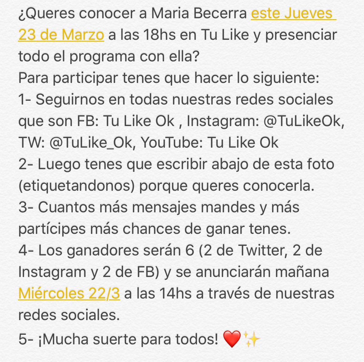 Tulikeok's tweet photo. ¿Queres conocer el jueves 23/3 a @MariaBecerra22 en @Tulike_ok ? ¡Leé con atención! 😁 https://t.co/7K4p8BruOh