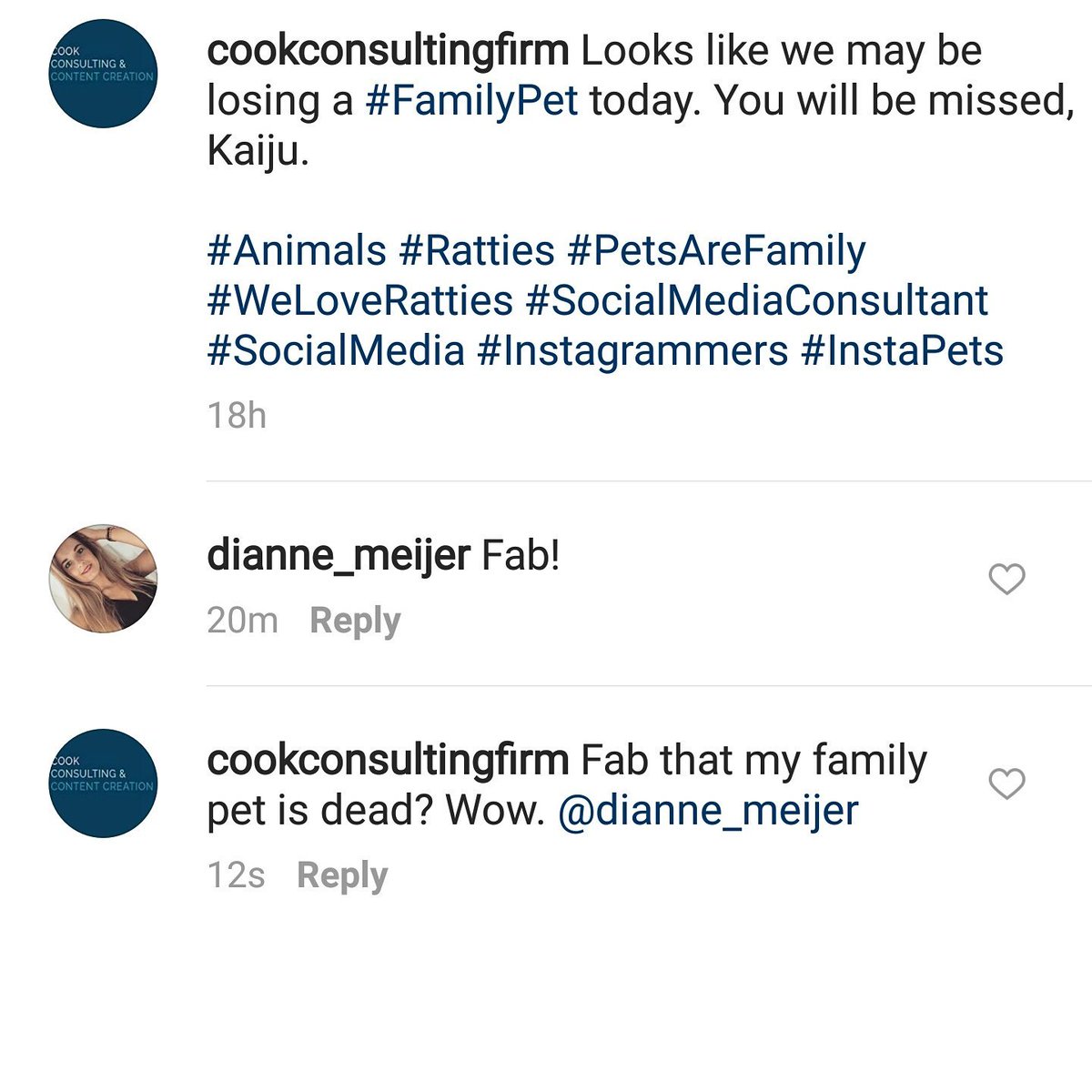 MediaConsultCC's tweet photo. This is exactly why I say #DitchAutomationGoHuman. As a #SocialMediaManager, you should never say 'Fab' to a client's pet dying. #BigMistake https://t.co/Z3Sl2rUBPp