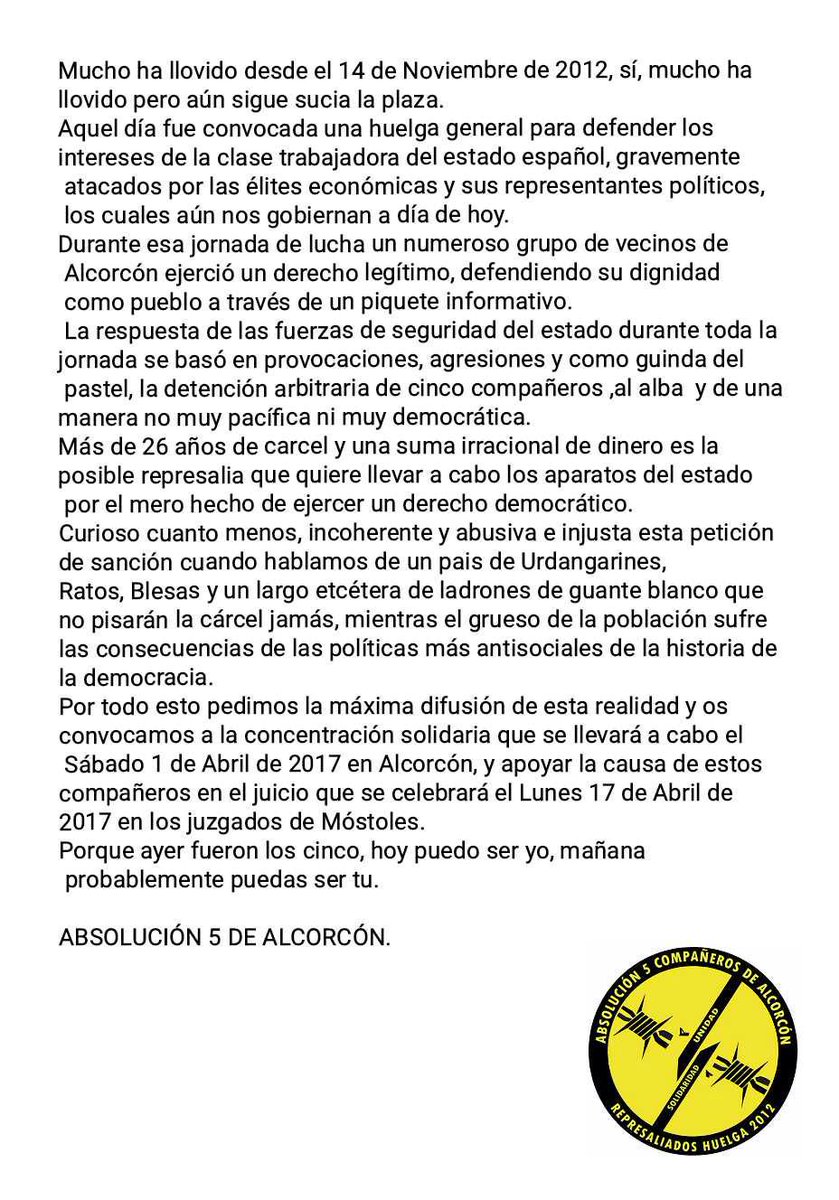 libertad5alcorc's tweet photo. #Absolucion5Alcorcón #HuelgaNoEsDelito #Libertad5Alcorcón https://t.co/ApE85vgxLG