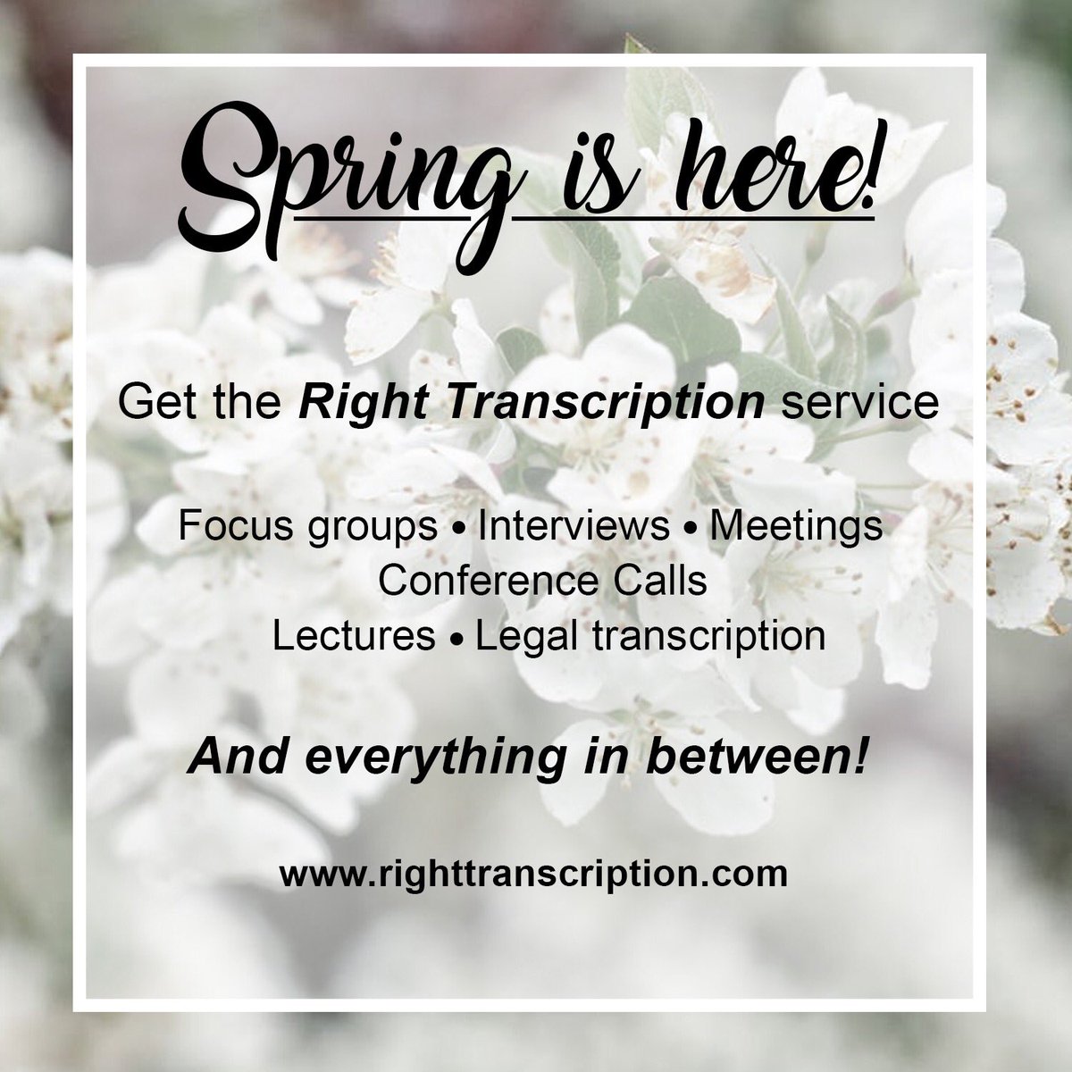 RightTranscript's tweet image. #springtime #transcriptionist #transcriptionservice #legaltranscription #podcasttranscription #focusgrouptranscription #andmore