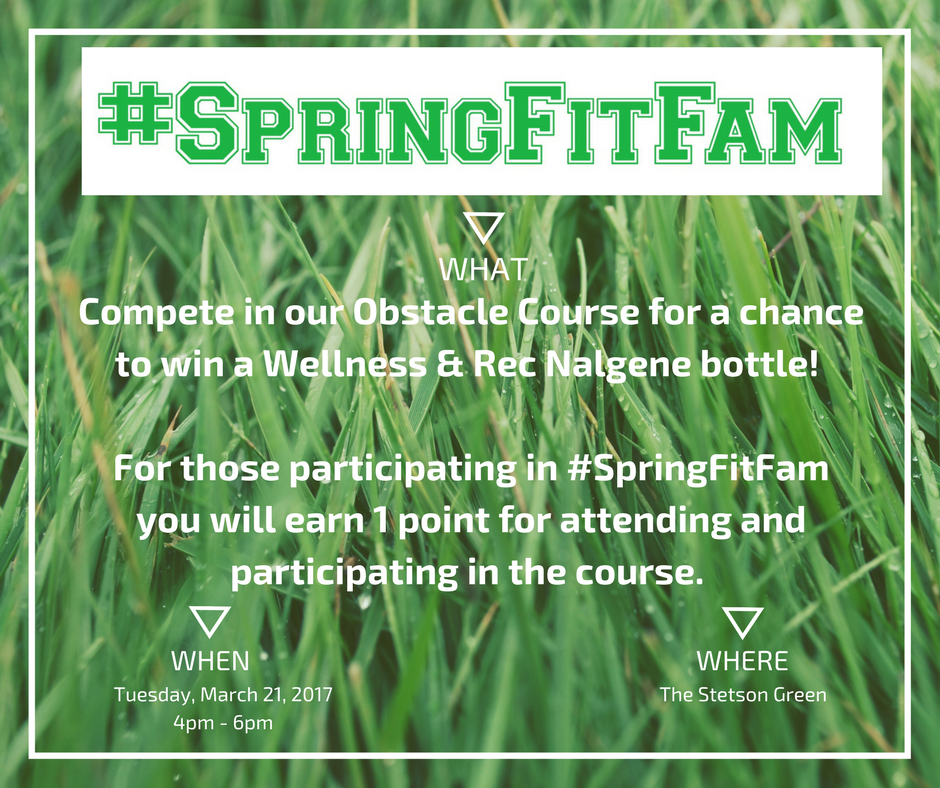SUWellnessRec's tweet photo. Join us today on the Stetson Green from 4pm - 6pm! We'll be handing out watermelon at our obstacle course for our #SpringFitFam series! https://t.co/dmfIyBE5Wc