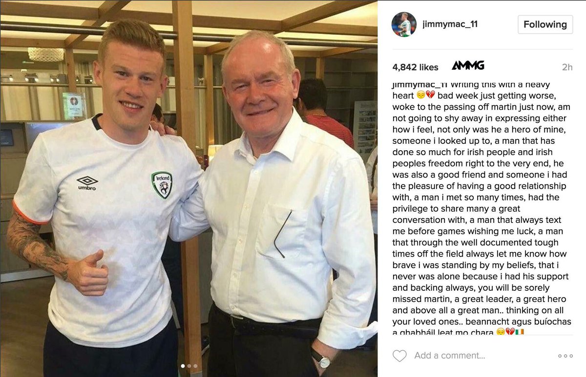 rockbarbelfast's tweet photo. James McClean's heartbreaking tribute to Martin McGuinness shows how much he meant to the people of Derry... ☘️💔 https://t.co/64TijosQ6h