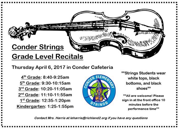 Conder_Strings's tweet photo. Conder Strings Grade Level Recitals! Thursday, April 6 on the Conder Stage! See times for each Grade below! @RichlandTwo @ConderStars https://t.co/vLvhQwkHQT