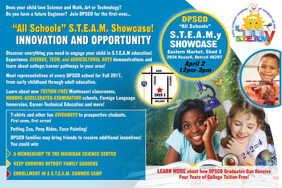 EnrollDetroit's tweet photo. Mark your calendar to attend the @Detroitk12 “All Schools S.T.E.A.M.y Showcase” @EasternMarket on Sunday 4/2 from noon to 3 p.m. in Shed 3! https://t.co/zxgSONfZBt