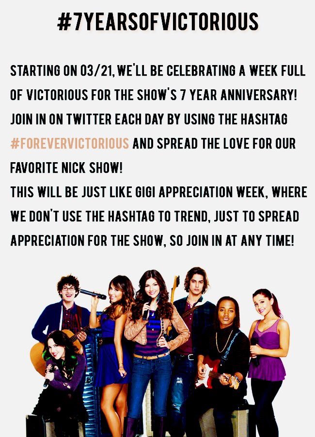 VictoriousJPN's tweet photo. #7YEARSOFVICTORIOUS 企画について💓(海外のファンが企画したものです)

詳細 : 今日(米時間3/21)から１週間、VICTORiOUSへの私たちの愛を広げよう

やり方 : ハッシュタグと共に毎日決められた内容をツイート

ぜひみなさんも参加しましょう！✨ https://t.co/rPriTUYclI