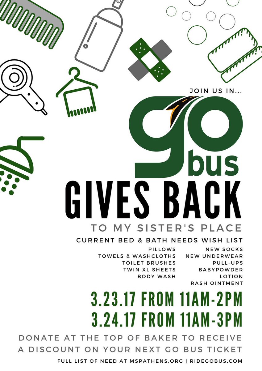 ridegobus's tweet photo. Don't forget to join GoBus on Thursday and Friday for our donation drive for My Sister's Place! https://t.co/ZQbDG5Gs8b