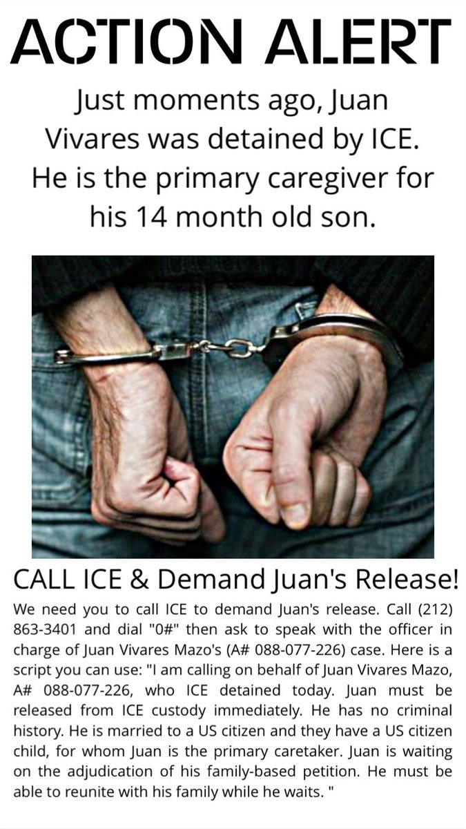 thenyic's tweet photo. #ACTIONAlert: Help fight for release of Juan who was detained by ICE today! Call ICE &amp; come to #FoleySq at 2PM to Rally! #NoBanNoWallNoRaids https://t.co/yJlZqghgos