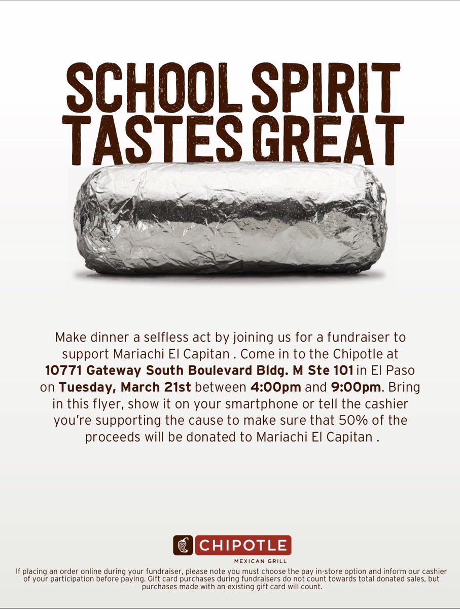 ChapinOrch's tweet photo. Today is the day mention Mariachi El Capitan @ChipotleTweets will donate to our group! Nos vemos ahí! @ELPASO_ISD @EPISDFIneArts @almarsh99 https://t.co/6wrnCHDGyl