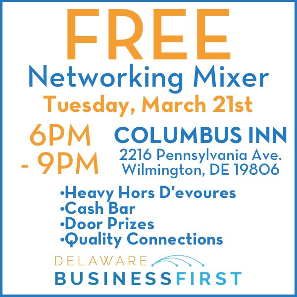DEBusinessFirst's tweet image. #FREE Networking Mixer - 6PM TONIGHT (3/21) @ColumbusInn! #MixMingleAndGrow your Business w/ Entrepreneurs, Biz Owners &amp;amp; MORE.#netDE #BizDE