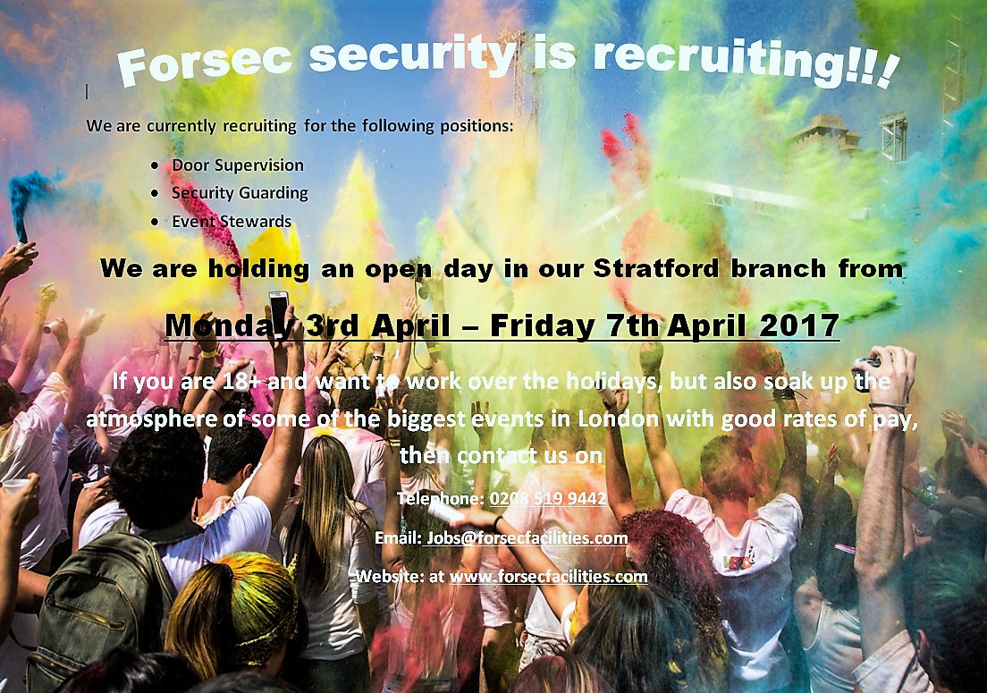 ForsecLTD's tweet image. Looking for a part time summer job?  Come and check out our open day at our Stratford branch.  Call us for more information