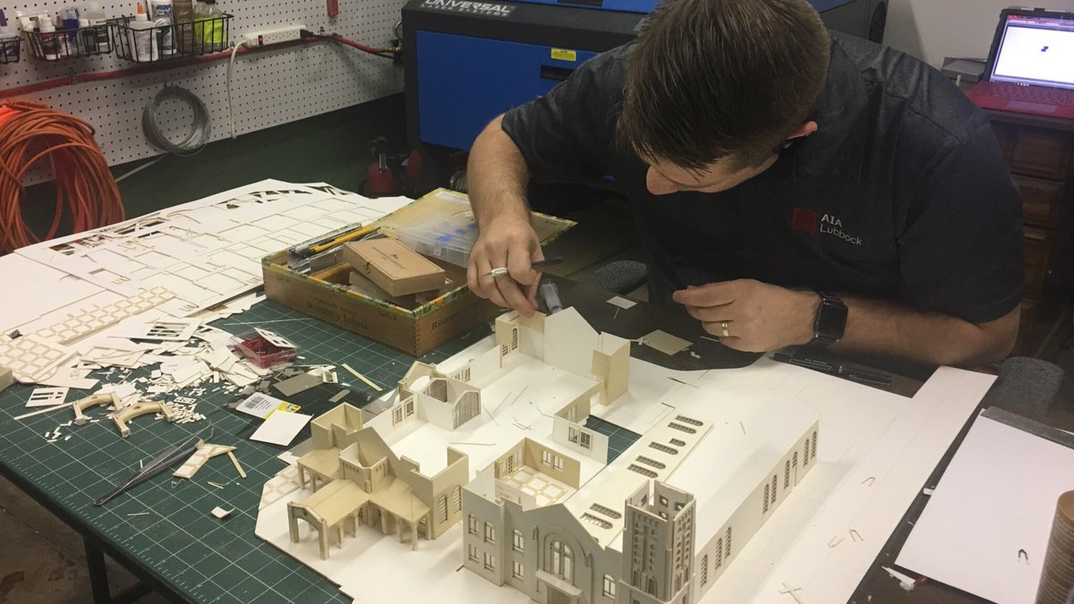 CHArchitects_TX's tweet photo. .@o_barbee working in extremely detailed model for historic church expansion. #architecture #design is more fun with a #lasercutter! https://t.co/N4uuEK2O26
