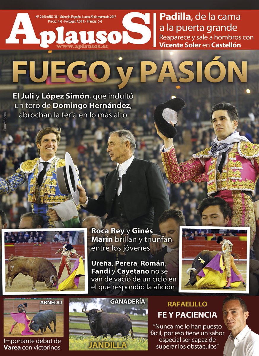 Castellón, Arnedo, la ganadería de Jandilla y una entrevista a <a href="/RRRafaelillo/">Rafaelillo</a> también en la portada de Aplausos