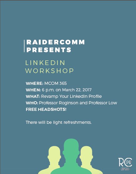 Raider_Comm's tweet photo. We're super excited about our LinkedIn workshop presented by @2Jby3G & @ldlow! Don't forget to come out tomorrow and bring a friend! #MyCOMC https://t.co/ZQa6nvoPxJ