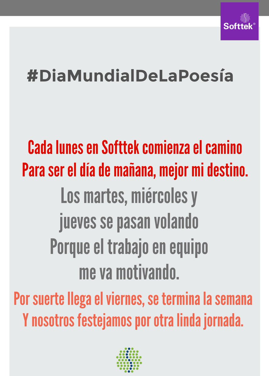PerfilesIT's tweet photo. #DiaMundialDeLaPoesia y en #Softtek te compartimos nuestra semana en rima! https://t.co/ubzEsePFxP