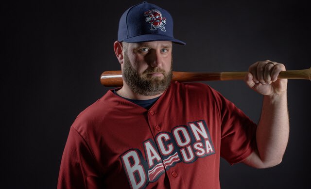 IronPigs's tweet photo. Food fight! Decide whether bacon or tacos reigns supreme. Loser must wear other team's cap on-field! https://t.co/iF7cAb5c4H #TeamBacon https://t.co/XXw5K5taaz