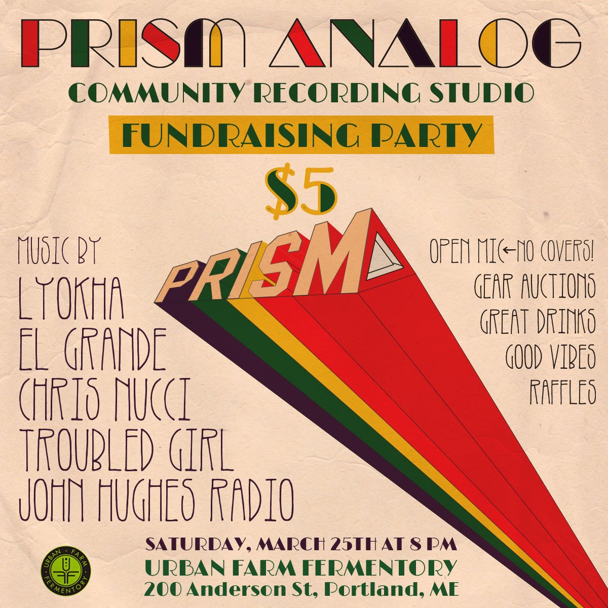 prismanalog's tweet photo. THIS SATURDAY 3/25! Fundraising party for @prismanalog, a new #nonprofit #analog #recording studio in #eastbayside #portlandmaine #maine https://t.co/7pThW2sbDi