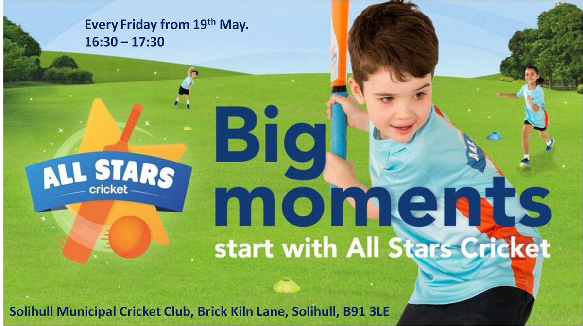 SolihullMuniCC's tweet photo. We're pleased to offer All Stars Cricket for 5-8 year olds. 8 weeks cricket for £40 with free kit bag! Book now https://t.co/vh2AAyouEc https://t.co/sx3pzkI47g