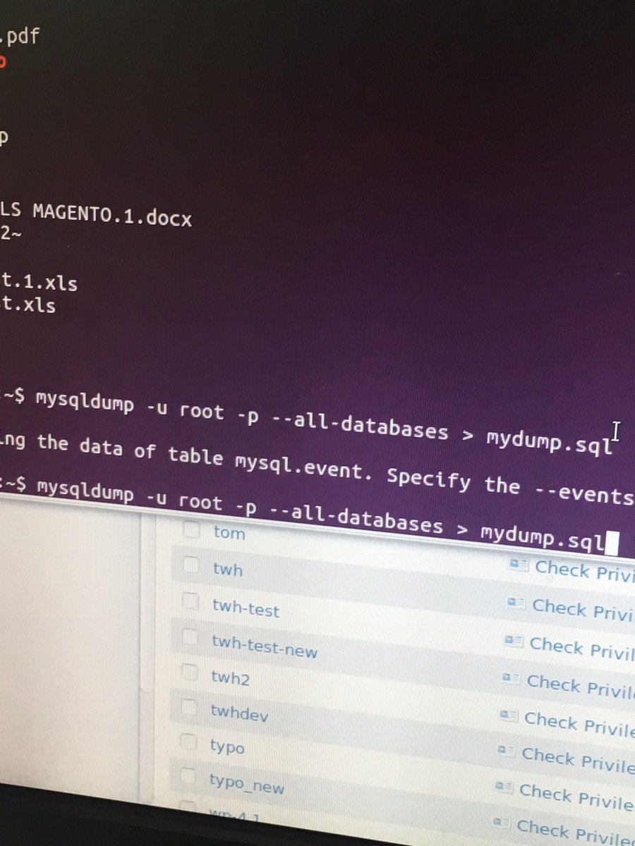 silypointer's tweet image. it's super useful
1. mysqldump -u root -p --all-databases &gt; dump.sql
2. mysql -u root -p &lt; dump.sql
#mysql #mysqldump