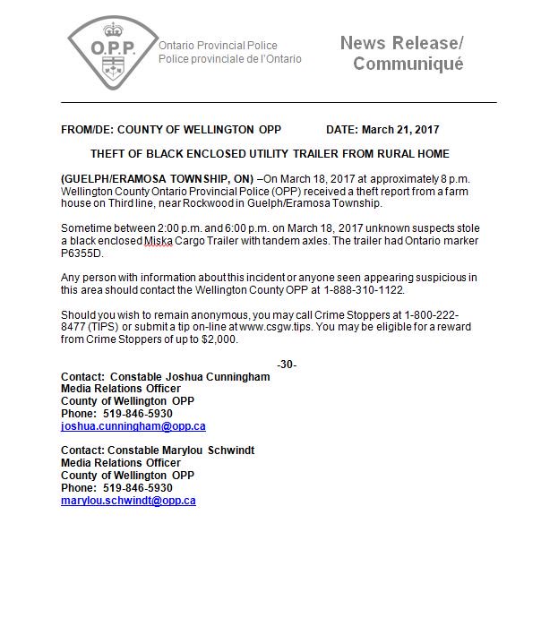 OPP_WR's tweet image. Wellington Cty OPP - seeking public help in locating stolen utility trailer. See media release and photo. 
joshua.cunningham@opp.ca