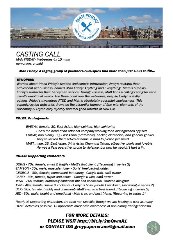 GreyPaperCrane's tweet photo. Casting call for #BEATalent - deadline 28th march #stopyellowface #BAME #ManFridayWeb https://t.co/mc4RDTMkVI https://t.co/SjrcaEIqB4