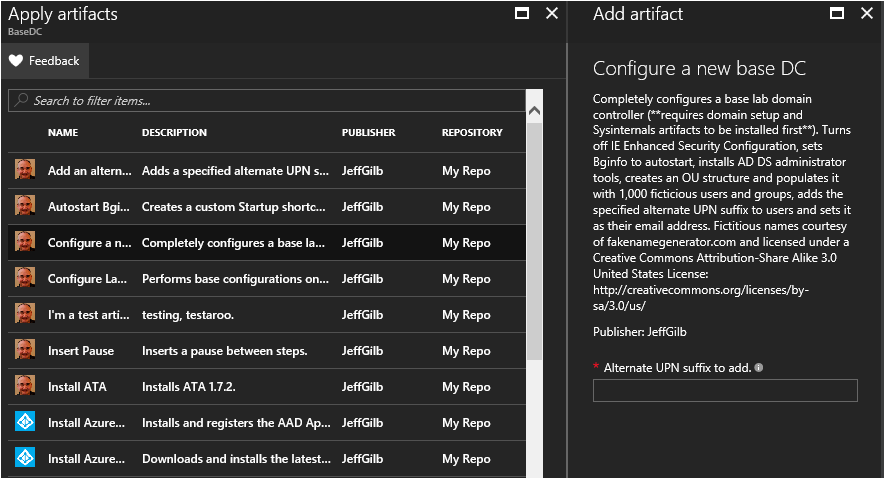 JeffGilb's tweet image. I might need to get this one into the public #Azure #DevTestLabs repo soon. Instantly configured DC, just add VM.