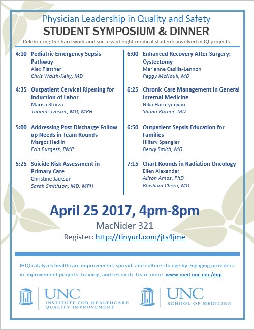 UNC_Anesthesia's tweet photo. Register to join us for Student Symposium &amp; Dinner! It's free and open to the public. Highlighted are eight quality improvement projects. https://t.co/1D8xTj4hkf