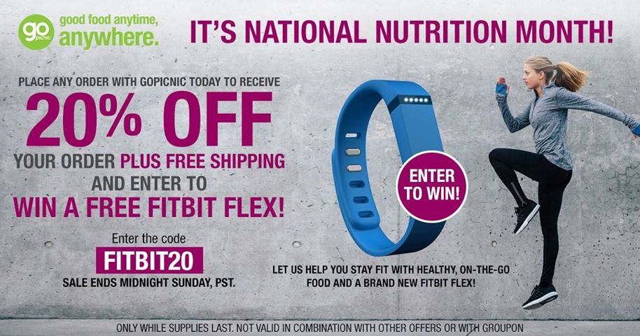 GoPicnic's tweet photo. It’s National Nutrition Month! Place any order TODAY to receive 20% off your order plus FREE shipping AND enter to win a FREE Fitbit Flex! https://t.co/hzfO7SPoeO