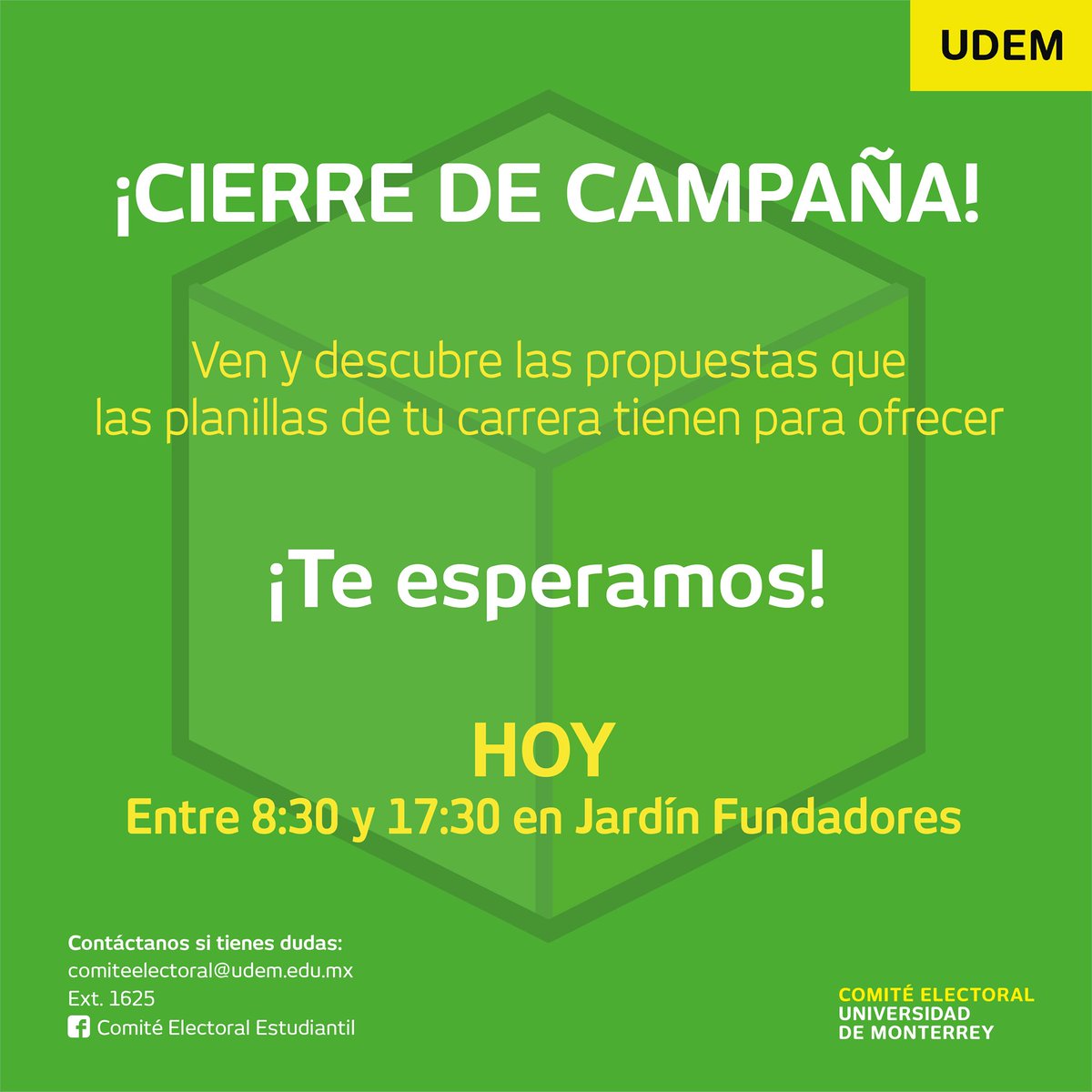 IGEUDEM's tweet photo. ¡Hoy cierre de campaña!

Visita el stand de las diferentes planillas aspirantes a la Sociedad de Alumnos en el Jardín Fundadores de la @udem https://t.co/v71ljrfUyt
