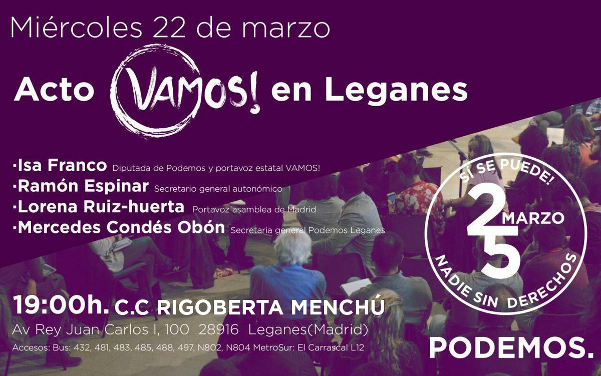 Podemos_Carras's tweet photo. Miércoles 22 a las 19h. Acto de Podemos en el CC Rigoberta Menchú (Leganés) Vamos! #NadieSinDerechos https://t.co/PkudMk4iny