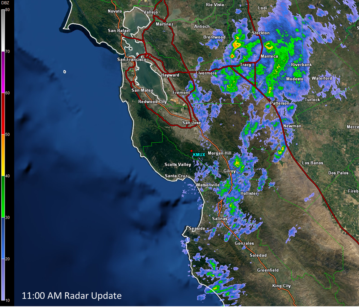 NWSBayArea's tweet photo. 11:00 AM Radar Update -- #KMUX radar shows showers mostly south and east of the #BayArea now. #cawx https://t.co/k97HBJjnHQ