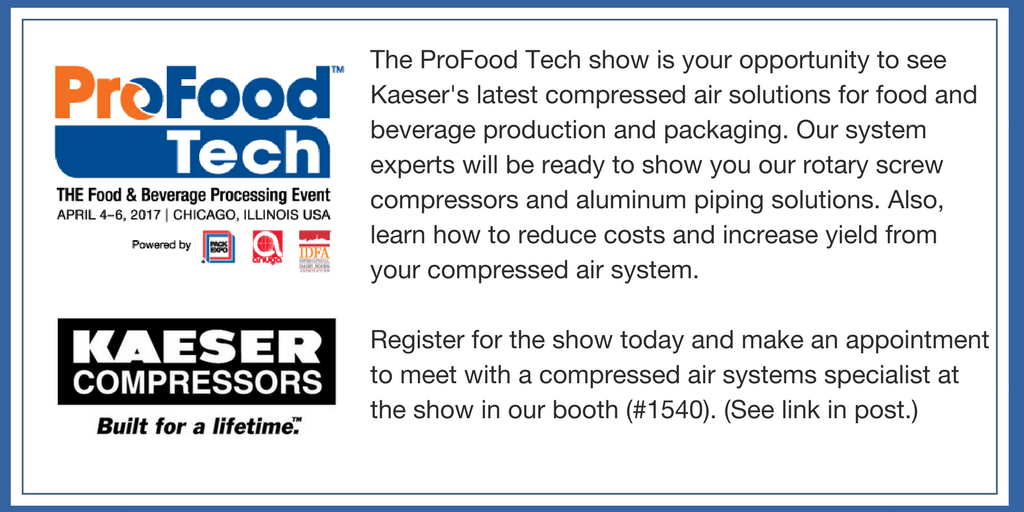 KaeserUSA's tweet image. Register for #ProFoodTech &amp;amp; make an appt to meet with one of our #compressedair experts in booth 1540. ow.ly/owr430a4Ebj #processthis