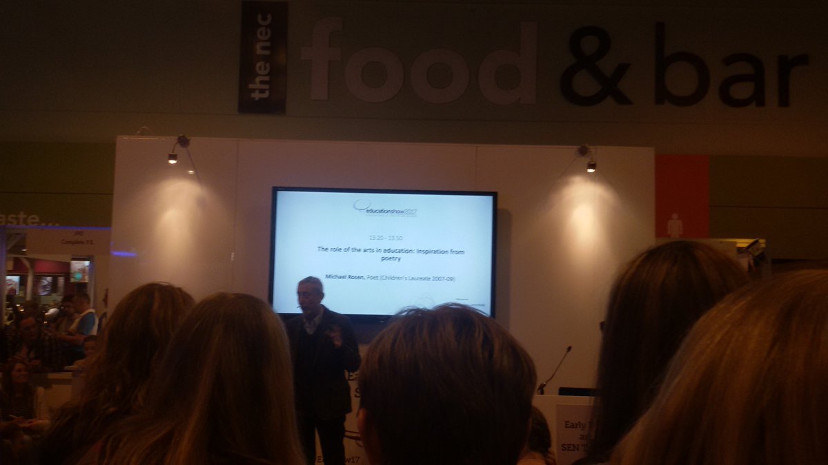 Artsmarkaward's tweet photo. Great fun speech from @MichaelRosenYes to a packed audience about the inspiration of poetry in #ArtsEd. #WorldPoetryDay #Edshow17 https://t.co/AULqfHVRVb