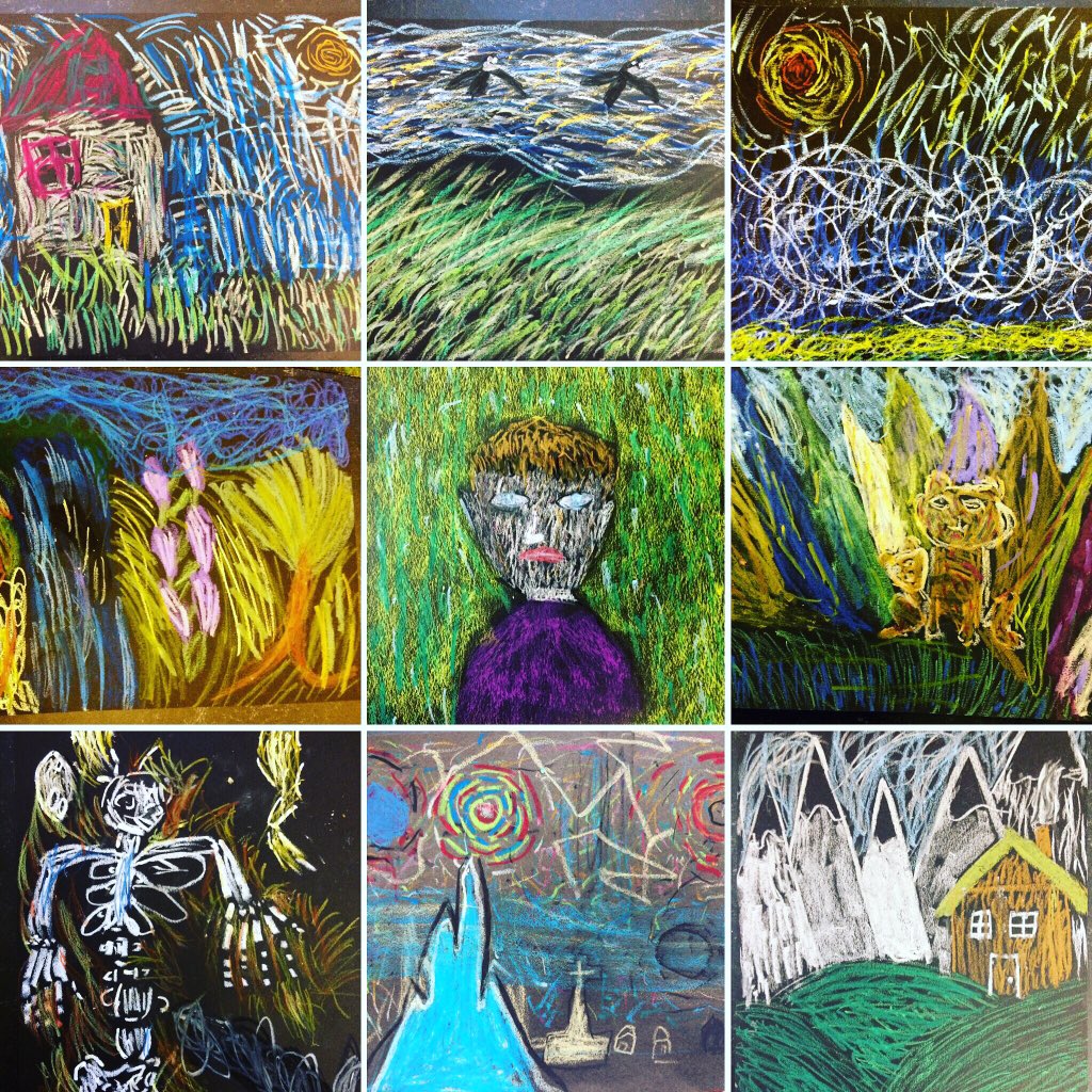 LizAtkin's tweet photo. Van Gogh inspired oil pastel drawings by children in my 4-12 year olds Art Classes at @v22Louise_House #art #markmaking #kids #education https://t.co/uLEZE1Piwo