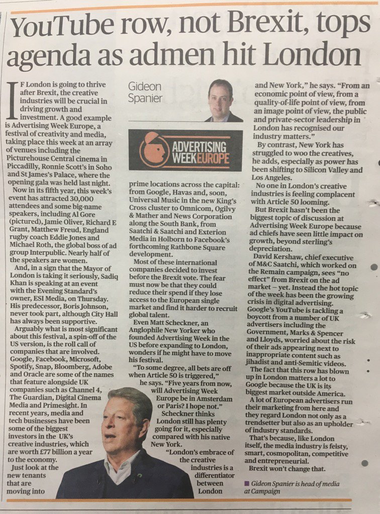 My <a href="/standardcity/">Standard City</a> column: YouTube row, not Brexit, tops agenda as admen hit London for #AWEurope