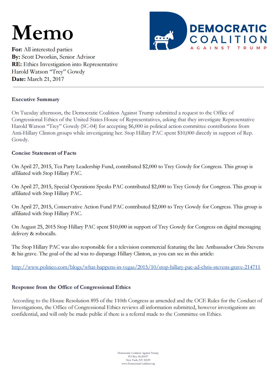 funder's tweet photo. NEW: House Ethics Complaint filed on Rep Trey Gowdy for taking Anti-Hillary PAC donations while investigating her. #gowdymustgo #trumprussia https://t.co/mwP1PzQIl9
