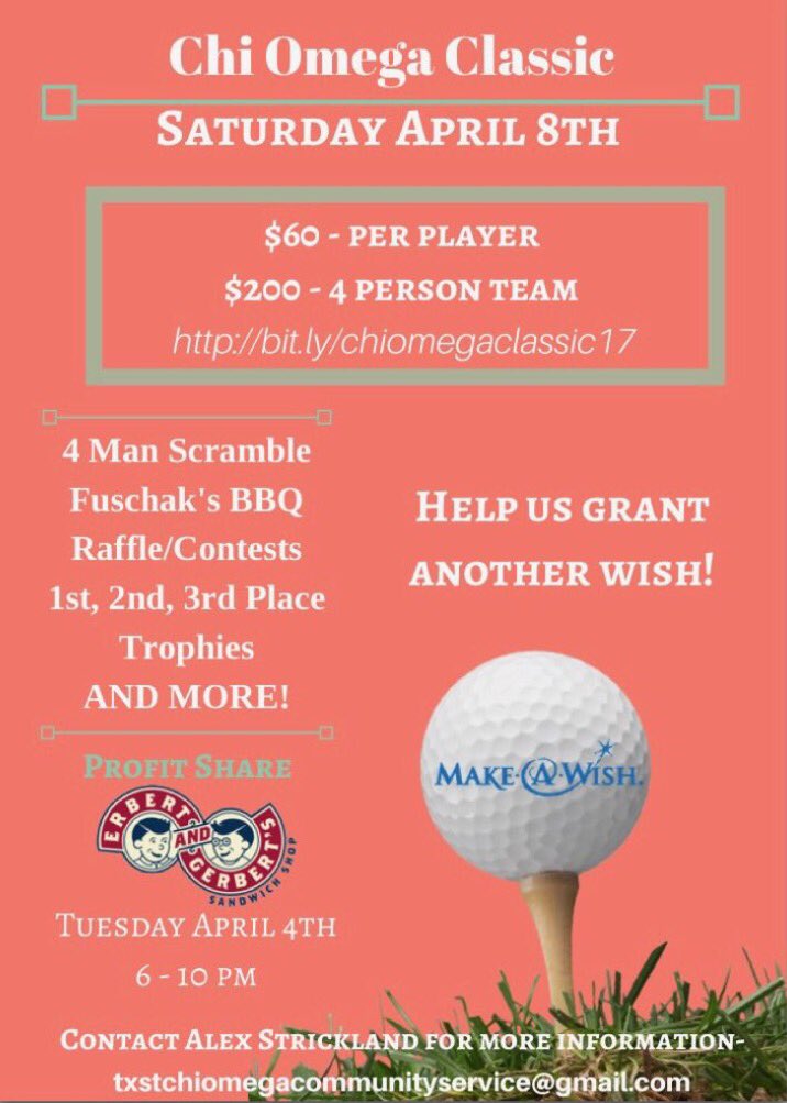 txstchiomega's tweet photo. Our Chi Omega Classic, benefitting Make-A-Wish, is coming up quick! Get your ticket today! ⭐️💙 #txstchio https://t.co/Z7gSBU4bZ9