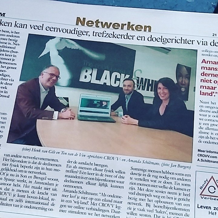 AmandaSchiltman's tweet photo. Bedank @weekbladForum voor leuke artikel over @LetsCrovv Groot #Eindhoven #online #offline #netwerken. Vrijdagochtend 9:30 via live-stream. https://t.co/W4L3mEgI1C