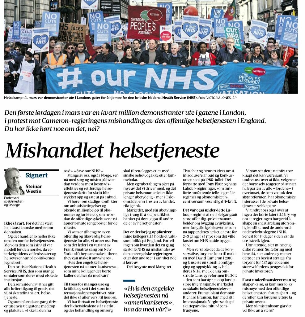 tdolven's tweet image. Mishandlet helsetjeneste: Nedbygginging av et offentlig helsevesen - Englands NHS fører an. Norge følger like bak. - av @SteinarWestin