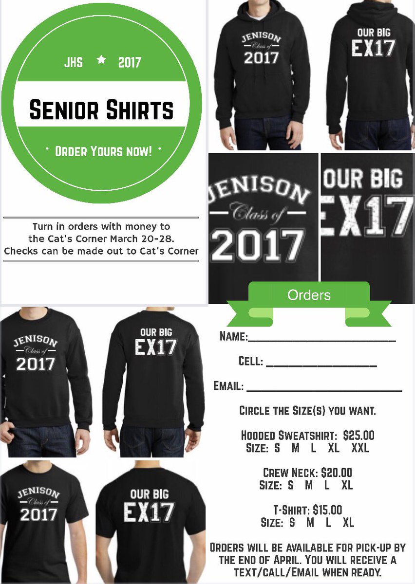 jhs_catscorner's tweet image. @jenison2017 Seniors- make sure you pick up your order form for senior shirts in the Cat's Corner this week! 3 options to choose from!