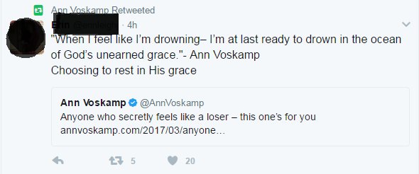 fakeannvoskamp's tweet photo. hey! Guess what! That unearned grace is still there even if we don't FEEL like we're drowning or like we've earned it by drowning! #1000tips https://t.co/LtQ7LMVLbK