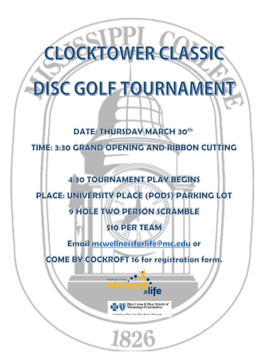MCWFL's tweet photo. Don't forget, register for the Clocktower Disc Golf Tourney! 2 man 9 hole scramble March 30th! Registration forms mcwellnessforlife@mc.edu https://t.co/ZnlKficoDr