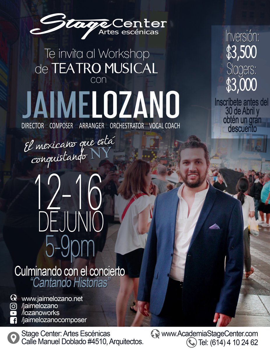 jaimelozano's tweet photo. Amigos de #Chihuahua nos vemos pronto en #StageCenter. #MusicalTheatre #Workshop 12-16 de Junio. https://t.co/INNphBmIpY https://t.co/QuIvlD1tjJ