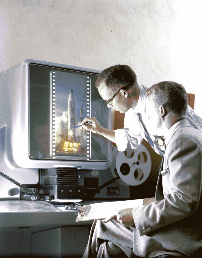 General Dynamics techs examine film views of an Atlas rocket launch, June 1960. Via <a href="/SDASM/">San Diego Air & Space Museum</a>. #space