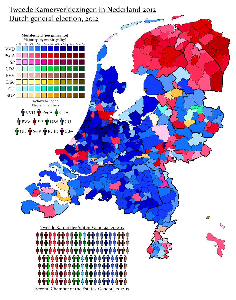 AJRElectionMaps's tweet photo. And for comparison, here's 2012. #vk2017 #vk17 #DutchElections #netherlands For details see: https://t.co/02vYANCiWv https://t.co/MSfA94lH2j