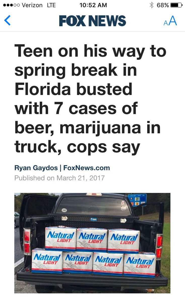 theofficial55's tweet photo. @FoxNews must've been a slow day if a 19yr old getting busted w/ a little over $100 worth of beer and some weed warrants an entire article https://t.co/JU94mKPwOG